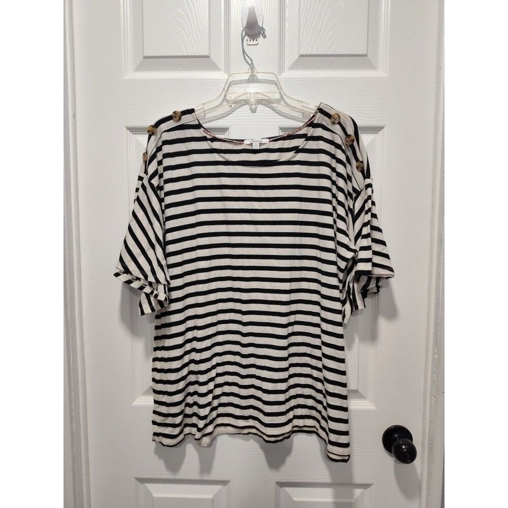89th + Madison Striped Shirt Women Plus Size 2X Short Sleeve Linen‎ Blend